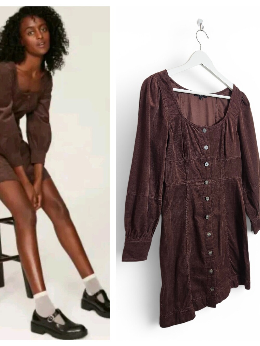 Madewell Esti Corduroy Mini Dress Brown Puff Sleeve Button Front Boho